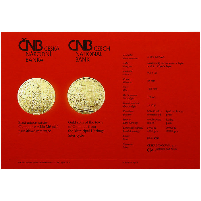 Zlatá mince 5000 Kč Město Olomouc 2024 Proof